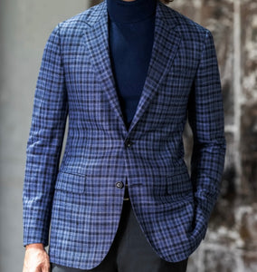 R P SPORTS JACKET / SOFT JACKET / BLUE CHECK /  WOOL + SILK / CONTEMPORARY FIT