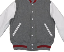 Load image into Gallery viewer, R P LUXURY VARSITY JACKET / GREY WOOL / WHITE LEATHER / HAND MADE IN USA / XS TO 4-XL