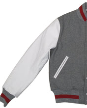 Load image into Gallery viewer, R P LUXURY VARSITY JACKET / GREY WOOL / WHITE LEATHER / HAND MADE IN USA / XS TO 4-XL