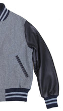 Load image into Gallery viewer, R P LUXURY VARSITY JACKET / GREY WOOL / NAVY LEATHER / HAND MADE IN USA / XS TO 2-XL