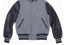 Load image into Gallery viewer, R P LUXURY VARSITY JACKET / GREY WOOL / NAVY LEATHER / HAND MADE IN USA / XS TO 2-XL