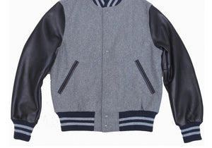 R P LUXURY VARSITY JACKET / GREY WOOL / NAVY LEATHER / HAND MADE IN USA / XS TO 2-XL