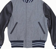 Load image into Gallery viewer, R P LUXURY VARSITY JACKET / GREY WOOL / NAVY LEATHER / HAND MADE IN USA / XS TO 2-XL

