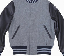 Load image into Gallery viewer, R P LUXURY VARSITY JACKET / GREY WOOL / NAVY LEATHER / HAND MADE IN USA / XS TO 2-XL