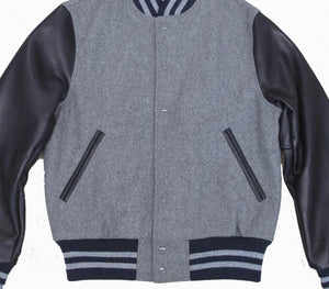 R P LUXURY VARSITY JACKET / GREY WOOL / NAVY LEATHER / HAND MADE IN USA / XS TO 2-XL