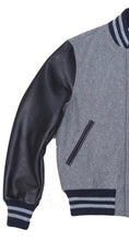 Load image into Gallery viewer, R P LUXURY VARSITY JACKET / GREY WOOL / NAVY LEATHER / HAND MADE IN USA / XS TO 2-XL