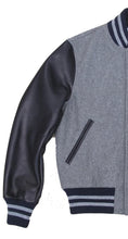 Load image into Gallery viewer, R P LUXURY VARSITY JACKET / GREY WOOL / NAVY LEATHER / HAND MADE IN USA / XS TO 2-XL
