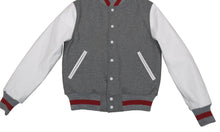 Load image into Gallery viewer, R P LUXURY VARSITY JACKET / GREY WOOL / WHITE LEATHER / HAND MADE IN USA / XS TO 4-XL
