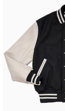 Load image into Gallery viewer, R P LUXURY VARSITY JACKET / BLACK WOOL / STONE LEATHER / HAND MADE IN USA / XS TO 3-XL
