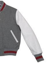 Load image into Gallery viewer, R P LUXURY VARSITY JACKET / GREY WOOL / WHITE LEATHER / HAND MADE IN USA / XS TO 4-XL