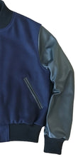 Load image into Gallery viewer, R P LUXURY VARSITY JACKET / NAVY WOOL / BLACK LEATHER / HAND MADE IN USA / XS TO 3-XL
