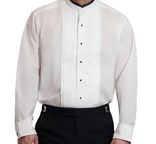 Load image into Gallery viewer, R P SHIRT / MENS / BAND COLLAR / BLACK TRIM / PLEATED FRONT / WHITE / EXTRA SMALL TO 6 EXTRA LARGE / SLEEVES 30 TO 39