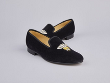 Load image into Gallery viewer, ENGLISH VELVET SHOES / BLACK VELVET WITH CREST / 7 DESIGNS / SIZE 6 TO 13