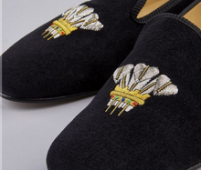 Load image into Gallery viewer, ENGLISH VELVET SHOES / BLACK VELVET WITH CREST / 7 DESIGNS / SIZE 6 TO 13