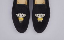 Load image into Gallery viewer, ENGLISH VELVET SHOES / BLACK VELVET WITH CREST / 7 DESIGNS / SIZE 6 TO 13
