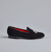 Load image into Gallery viewer, ENGLISH VELVET SHOES / BLACK VELVET WITH CREST / 7 DESIGNS / SIZE 6 TO 13