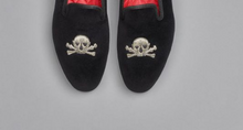 Load image into Gallery viewer, ENGLISH VELVET SHOES / BLACK VELVET WITH CREST / 7 DESIGNS / SIZE 6 TO 13