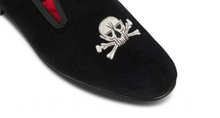 Load image into Gallery viewer, ENGLISH VELVET SHOES / BLACK VELVET WITH CREST / 7 DESIGNS / SIZE 6 TO 13