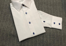 Load image into Gallery viewer, R P DESIGNS EXCLUSIVE SHIRTS / SPORT DESIGN / WHITE WITH ROYAL BLUE DETAILS