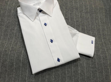 Load image into Gallery viewer, R P DESIGNS EXCLUSIVE SHIRTS / SPORT DESIGN / WHITE WITH ROYAL BLUE DETAILS