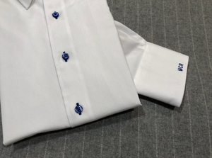 R P DESIGNS EXCLUSIVE SHIRTS / SPORT DESIGN / WHITE WITH ROYAL BLUE DETAILS