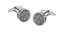 Load image into Gallery viewer, R P CUFF LINKS / SILVER WITH PAISLEY ON GUNMETAL GREY ROUND DESIGN