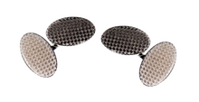 Load image into Gallery viewer, R P CUFF LINKS / SILVER ENGRAVED CHECKERED OVAL DESIGN WITH CHAIN LINK