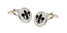 Load image into Gallery viewer, R P CUFF LINKS / SILVER / MOTHER OF PEARL / BLACK FLEUR DE LYS DESIGN