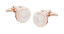 Load image into Gallery viewer, R P CUFF LINKS / ROSE GOLD / MOTHER OF PEARL ROUND DESIGNS