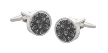 Load image into Gallery viewer, R P CUFF LINKS / SKULLS ETCHED IN SILVER ON BLACK CARBON FIBER DESIGN