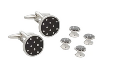 Load image into Gallery viewer, R P CUFF LINKS FORMAL 4 STUD SET / SILVER / ENAMEL BLACK POLKA DOTS DESIGN