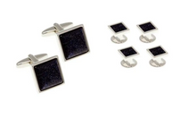 Load image into Gallery viewer, R P CUFF LINKS FORMAL 4 STUD SET / SILVER / NAVY BLUE GOLDSTONE SQUARE DESIGN