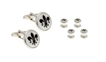 Load image into Gallery viewer, R P CUFF LINKS FORMAL 4 STUD SET / SILVER / MOTHER OF PEARL / BLACK FLEUR DE LYS DESIGN