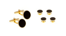 Load image into Gallery viewer, R P CUFF LINKS FORMAL 4 STUD SET / GOLD / BLACK ENAMEL ROUND DESIGN