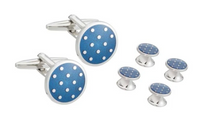 Load image into Gallery viewer, R P CUFF LINKS FORMAL 4 STUD SET / SILVER / ENAMEL BLUE POLKA DOTS DESIGN