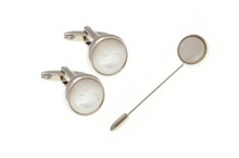 Load image into Gallery viewer, R P CUFF LINKS / STICK PIN SET / SILVER / MOTHER OF PEARL ROUND DESIGN
