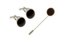 Load image into Gallery viewer, R P CUFFLINKS / STICK PIN SET / SILVER / BLACK ONYX ROUND DESIGN
