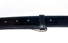 Load image into Gallery viewer, R P BELT / BLACK LEATHER LIZARD EMBOSSED / HAND MADE IN ITALY / BUCKLE / GOLD / SILVER / MATT SILVER