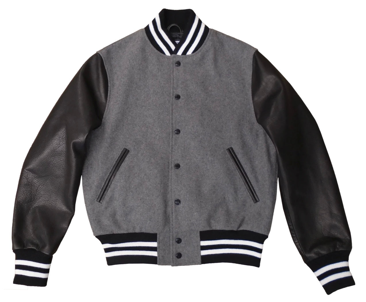 R P LUXURY VARSITY JACKET / GREY WOOL / BLACK LEATHER / HAND MADE IN USA / XS TO 4-XL
