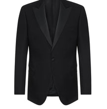 Load image into Gallery viewer, R P TUXEDO BLACK / MADE IN ITALY / SATIN TRIM / PEAK LAPEL / 2 BUTTON / MODERN CLASSIC FIT
