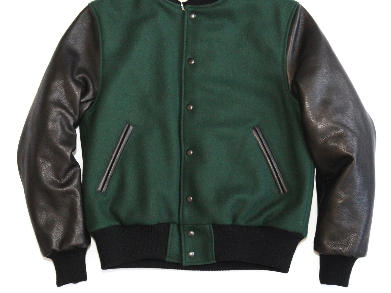 R P LUXURY VARSITY JACKET / FOREST GREEN WOOL / BLACK LEATHER / HAND MADE IN USA / XS TO 3-XL / CONTEMPORARY FIT & CLASSIC FIT