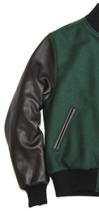 R P LUXURY VARSITY JACKET / FOREST GREEN WOOL / BLACK LEATHER / HAND MADE IN USA / XS TO 3-XL / CONTEMPORARY FIT & CLASSIC FIT