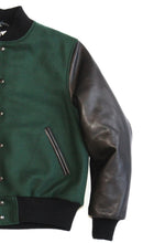 Load image into Gallery viewer, R P LUXURY VARSITY JACKET / FOREST GREEN WOOL / BLACK LEATHER / HAND MADE IN USA / XS TO 3-XL / CONTEMPORARY FIT &amp; CLASSIC FIT
