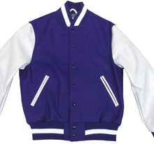 Load image into Gallery viewer, R P LUXURY VARSITY JACKET / PURPLE WOOL / WHITE LEATHER / HAND MADE IN USA / XS TO 2-XL
