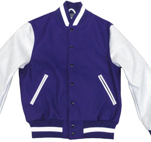 R P LUXURY VARSITY JACKET / PURPLE WOOL / WHITE LEATHER / HAND MADE IN USA / XS TO 2-XL