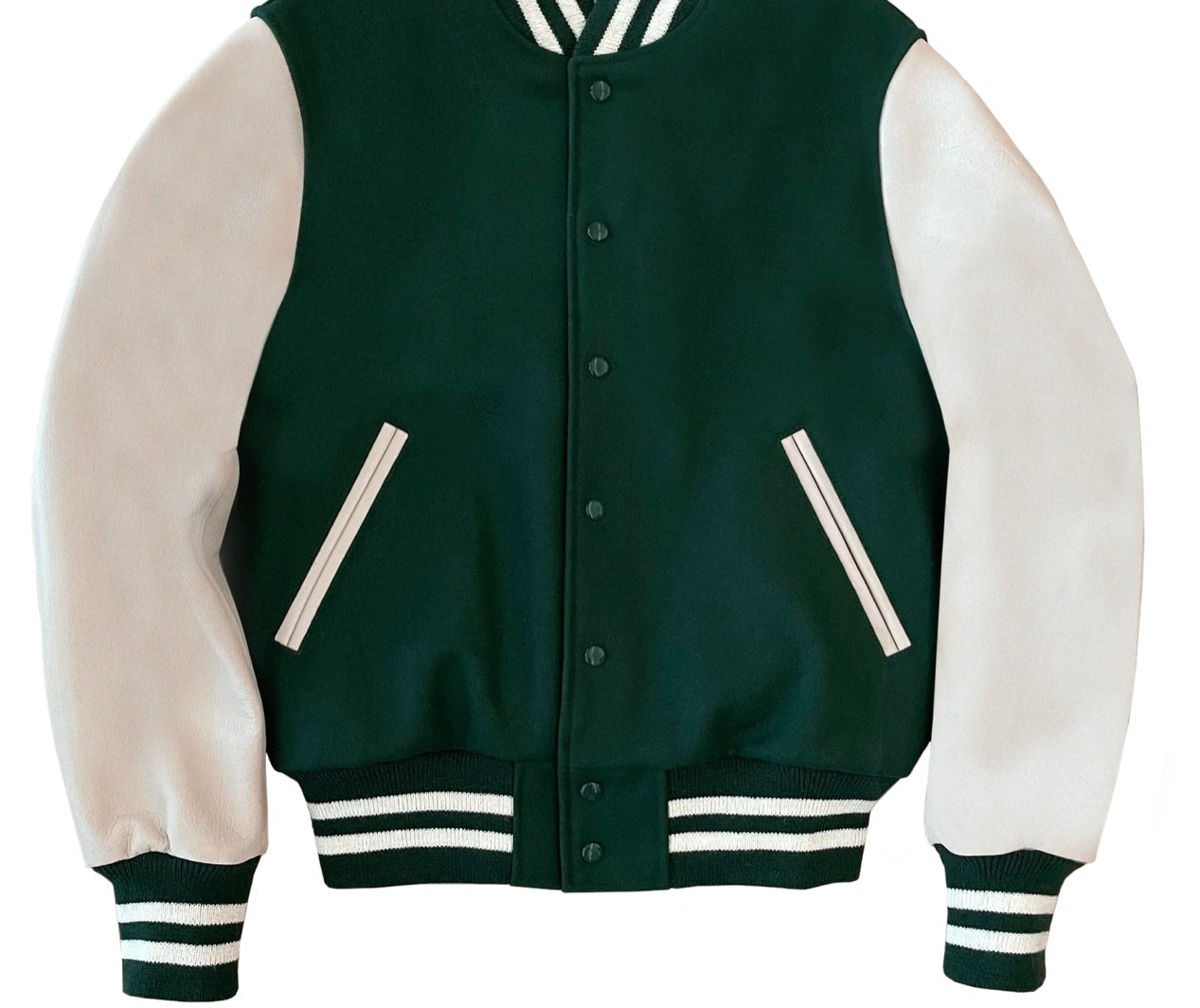R P LUXURY VARSITY JACKET / FOREST GREEN WOOL / STONE LEATHER / HAND MADE IN USA / XS TO 3-XL / CONTEMPORARY FIT & CLASSIC FIT