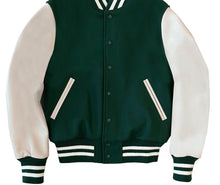 Load image into Gallery viewer, R P LUXURY VARSITY JACKET / FOREST GREEN WOOL / STONE LEATHER / HAND MADE IN USA / XS TO 3-XL / CONTEMPORARY FIT &amp; CLASSIC FIT
