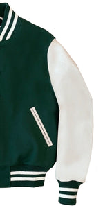 R P LUXURY VARSITY JACKET / FOREST GREEN WOOL / STONE LEATHER / HAND MADE IN USA / XS TO 3-XL / CONTEMPORARY FIT & CLASSIC FIT