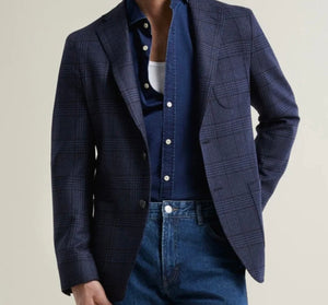 R P SPORTS JACKET / SOFT JACKET / BLUE PLAID / MODREN  SLIM CONTEMPORARY FIT / WOOL / SILK KNIT