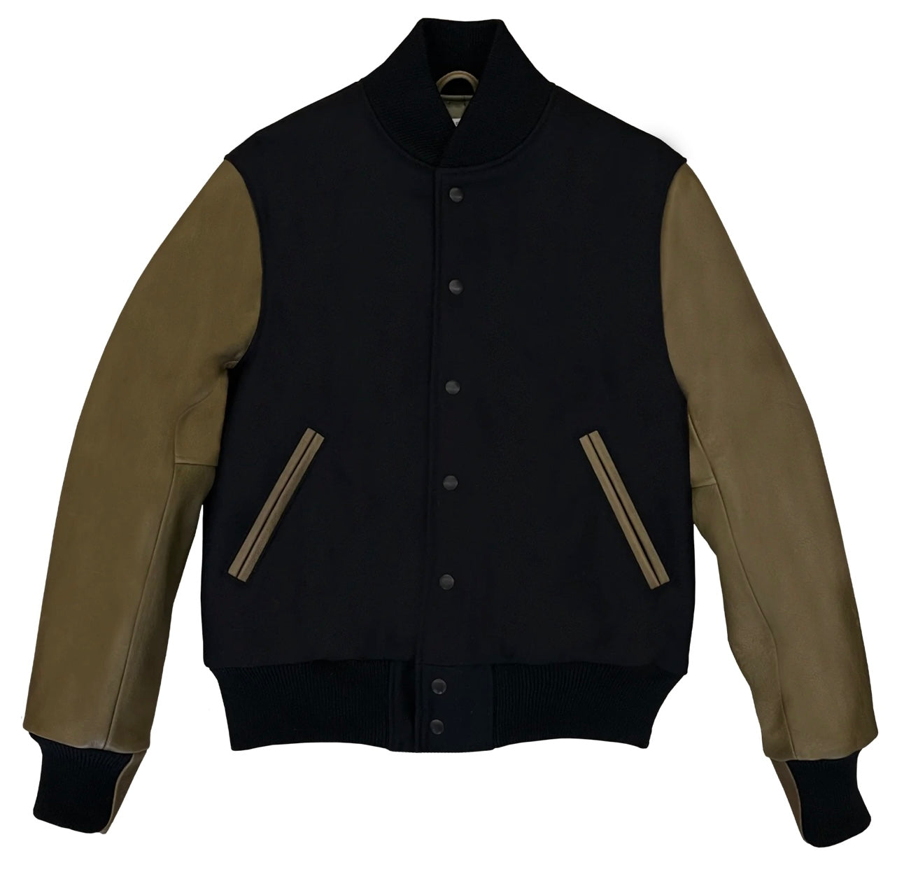 R P LUXURY VARSITY JACKET / BLACK WOOL / OLIVE LEATHER / HAND MADE IN USA / XS TO 3-XL